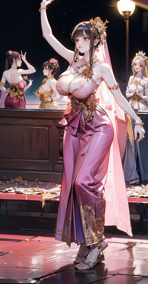 Group of 5 princesses,(5 young women,many young women), (in the bedroom), Various hair styles, harem, Wear a strapless Thai dress....,(very good,no panties) at night, detailed face,Complete breasts,fully, ((big breasts,The cracks are clear..)) long skirt, mule, Sleeveless , Show your armpits, at night, starry at night,(large areolae:1.4,pink,The nipples are clearly visible......),((bare breast:1.37)),((Various positions),(look at the audience.:1.5),milf, Highest quality、Highest picture quality、Masterpiece,, ,(((Umbilical drive,dance,dance,Thai dance))), (Separate outfit showing nipples:1.4)
