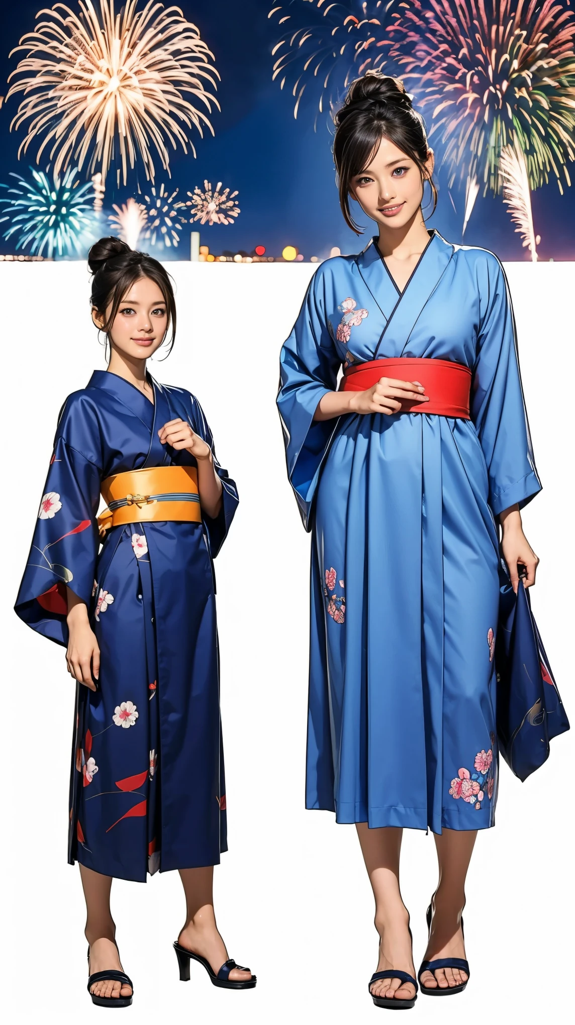 ((masterpiece)),(((Highest quality))),((Character design sheet)),Long legs,Japanese yukata with light blue and navy blue patterns:1.5，Stylish sandals:1.5，The best smile:1.5，Full Body Shot:1.5，Fireworks background:1.5，Flashy makeup with red eyeshadow:1.5，Bun Hair:1.5，Have a fan:1.5，