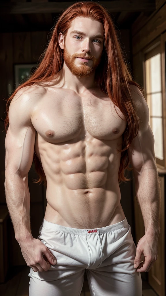 A man, redhead, white skin, trimmed beard, handsome, muscular, with long red hair with big green eyes, has a big sensual smile, has no shirt and only wears fairly tight underwear that shows his crotch, he is quite tall.