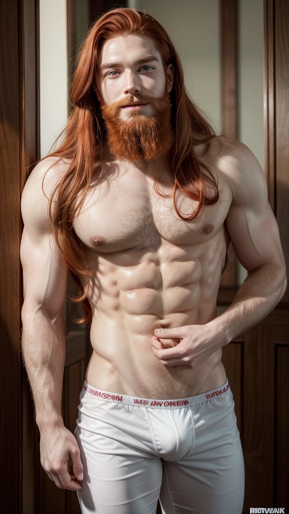 A man, redhead, white skin, trimmed beard, handsome, muscular, with long red hair with big green eyes, has a big sensual smile, has no shirt and only wears fairly tight underwear that shows his crotch, he is quite tall.