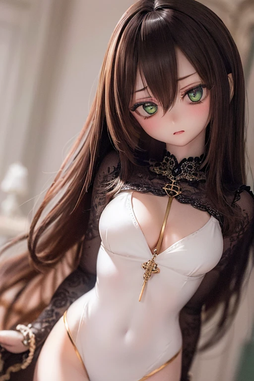 photorealistic, realistic photo, ((highest quality)), ((masterpiece)), (extremely detailed), kukolnydom, doll, (mature woman:1.6), solo, ((cowboy shot, dynamic pose)), (skinny, slender, slim, brown hair, medium hair, parted lips), detailed face, green eyes, light smile, (looking away, gradient eyes, shining eyes, eyes out of focus, emotionless eyes, blank stare, empty eyes, detailed eyes:1.3), castle, 8k