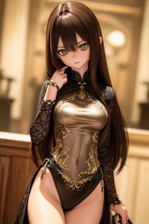 photorealistic, realistic photo, ((highest quality)), ((masterpiece)), (extremely detailed), kukolnydom, doll, (mature woman:1.6), solo, ((cowboy shot, dynamic pose)), (skinny, slender, slim, brown hair, medium hair, parted lips), detailed face, green eyes, light smile, (looking away, gradient eyes, shining eyes, eyes out of focus, emotionless eyes, blank stare, empty eyes, detailed eyes:1.3), castle, 8k