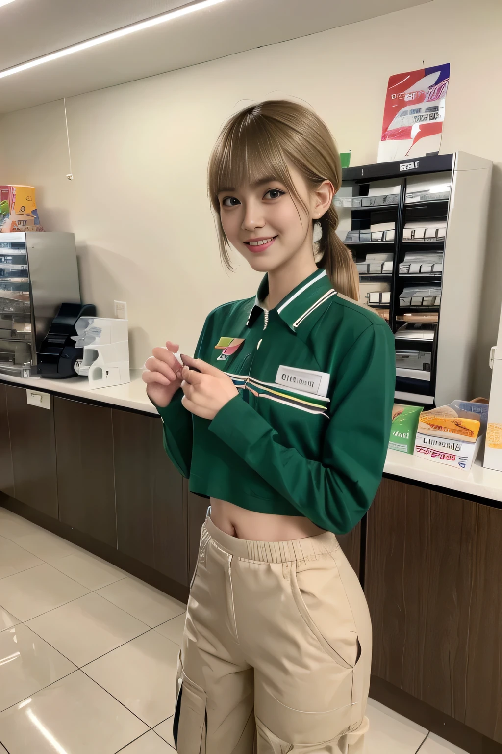 ((medium shot)),(Kahki cargo pants,sneakers), japanese lady, pale skin, droopy eyes, 28 year old,(dark Blonde short side ponytail with side bangs:1.3),standing, high quality:1.3, shoot from below,Professional lighting:2.0 realistic:1.2, 4k resolution, detailed skin, masterpiece:1.1,smile,(Slender body),(athlete:1.2),(nipples poking through clothes:1.1),camel toe, 7eleven, scenery, indoors, box, tiles, shop, tile floor,7elevenU, employee uniform, uniform, green shirt,