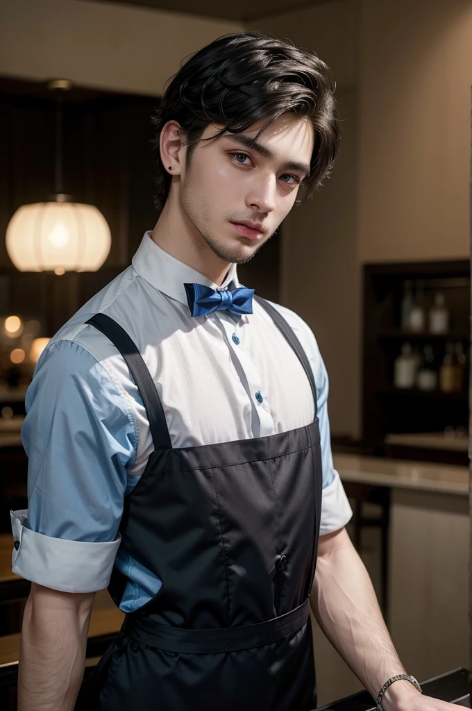 handsome man, 22 years old, piercing look, small beard and white skin, short black hair, wearing a blue dress blouse, black dress pants, waiter working in a restaurant, Using the cellphone