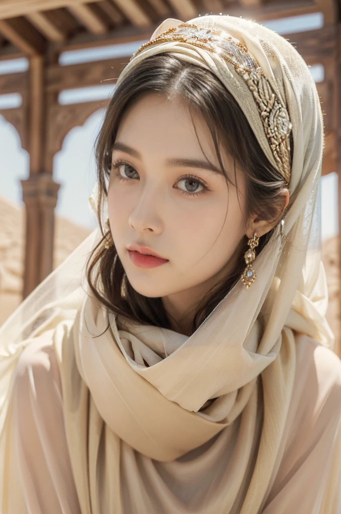 (((best quality))),(((ultra detailed))),(((masterpiece))),illustration,1girl, princess, Arabic, palace, desert, gold, gemstones,headscarf, veil on face,traditional clothing, hairband, deep eyes, elegant face, subtle smile, sunlight, shining, serene, environment, illustration