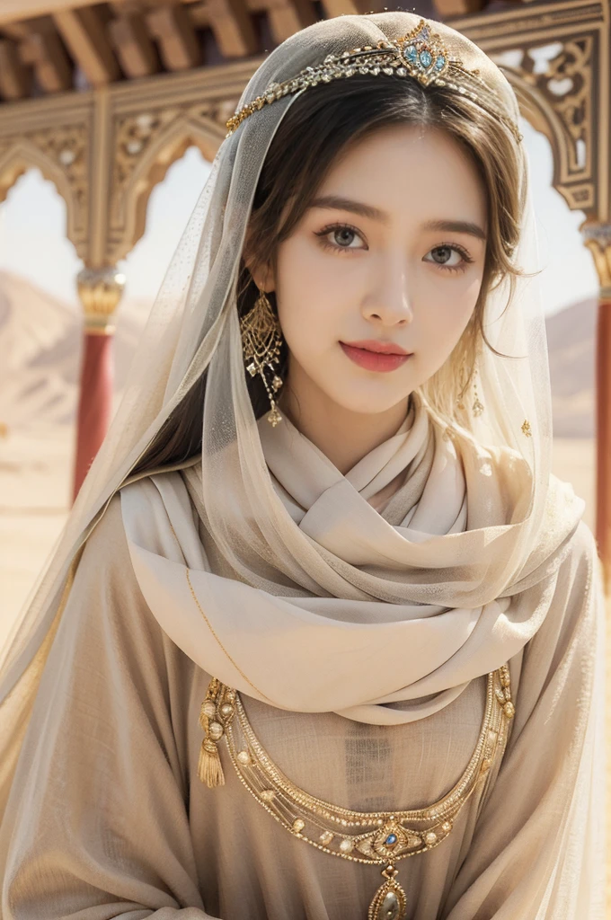 (((best quality))),(((ultra detailed))),(((masterpiece))),illustration,1girl, princess, Arabic, palace, desert, gold, gemstones,headscarf, veil on face,traditional clothing, hairband, deep eyes, elegant face, subtle smile, sunlight, shining, serene, environment, illustration