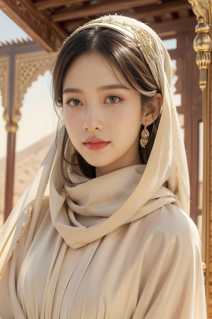 (((best quality))),(((ultra detailed))),(((masterpiece))),illustration,1girl, princess, Arabic, palace, desert, gold, gemstones,headscarf, veil on face,traditional clothing, hairband, deep eyes, elegant face, subtle smile, sunlight, shining, serene, environment, illustration
