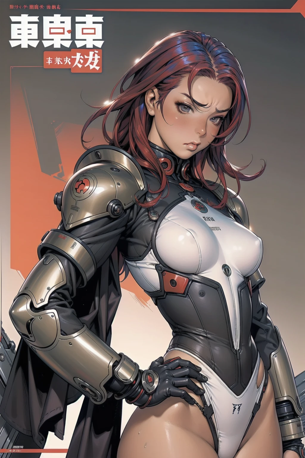 ((best qualityer)), ((Perfect masterpiece)), (detailded: 1.4), (absurdrez), (((predominant red in clothes))), (((whole body hard, corpo fitness, neckline showing part of the breasts)), (((woman with colored hair, blushful, pouting))), 21 year old woman, beautiful sexy woman, giant robot pilot, wild with perfect corpo fitness, wearing small mecha battle armor clothes, tiny thong, Simon Bisley styled for the cover of Heavy Metal magazine, clothing with Japanese cyberpunk graphic patterns, Halftone pattern and vertical stripes, earth tone, exiting the body of a giant robot