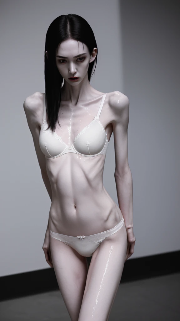 a woman, very thin body, body visible bones, very slender, pale white skin, sweaty wet body, panties, bra,tatto, full body, has a mental breakdown in an underground prison