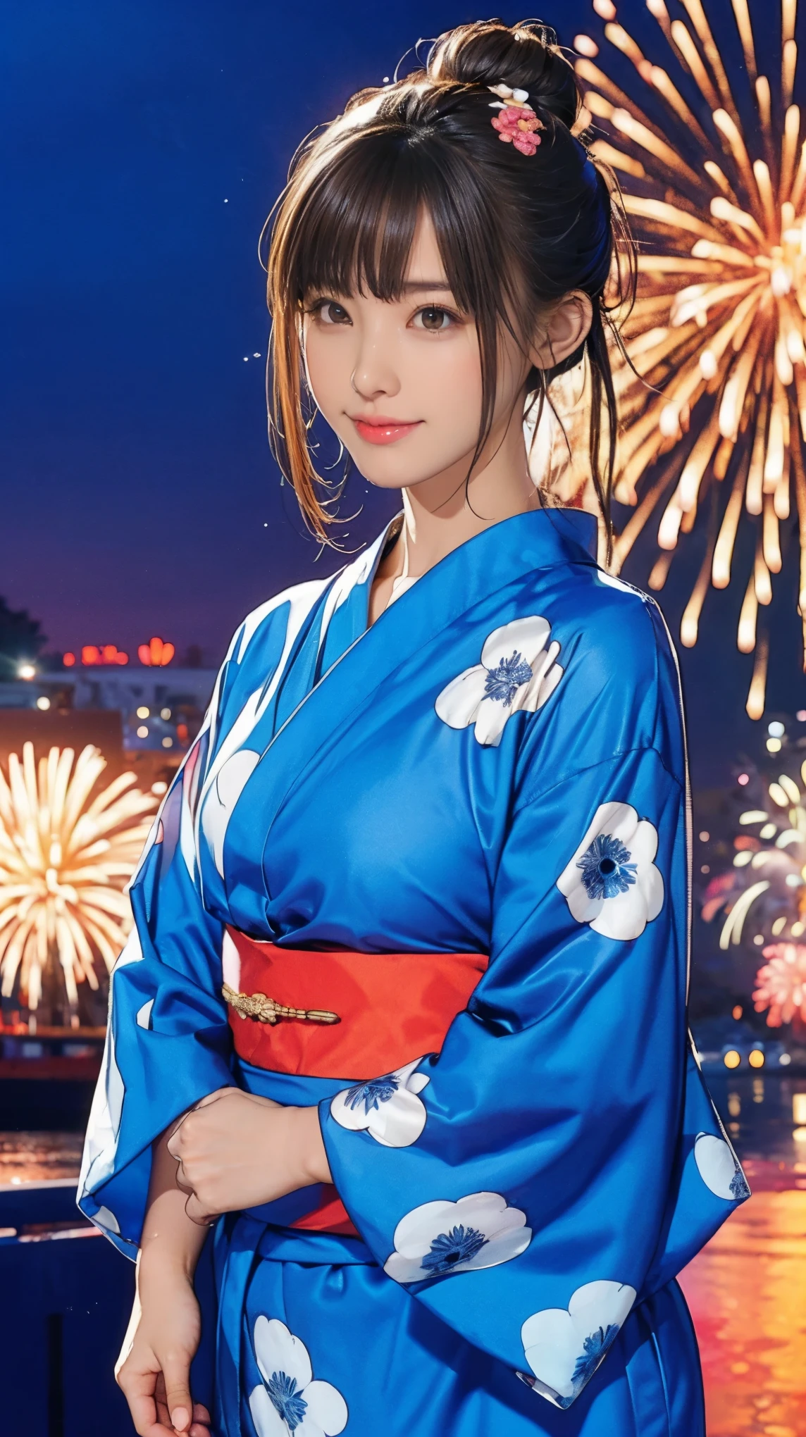 ((masterpiece)),(((Highest quality))),((Character design sheet)),A Japanese yukata with a bright floral and flower pattern in a combination of light blue and navy blue.:1.5，Stylish sandals:1.5，The best smile:1.5，Upper Body Shot:1.5，Night fireworks background:1.5，Flashy makeup with red eyeshadow:1.5，Bun Hair:1.5，