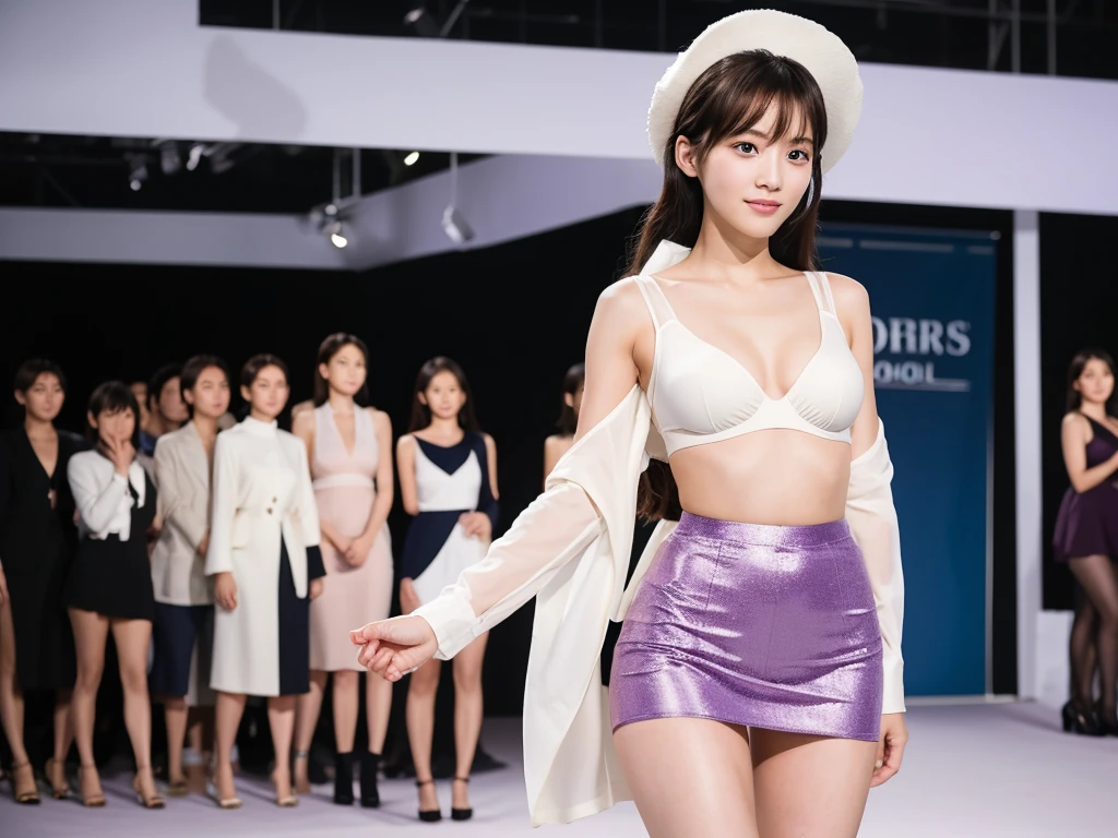A live-action photo of an extremely beautiful Japanese high school girl race queen who highlights her large breasts and beautiful legs.、Photographed walking down the runway at a fashion show wearing the latest BRADELIS New York lingerie.、She is an eternal idol who combines a clean look with modern charm.。 She creates such beauty。 She feels her own warmth。 She creates a warm atmosphere。 We create beauty。 That's what I want to say。 In her full body photo、The figure features porcelain-like skin and golden hair that radiates a soft glow.。 This is probably、It captured the essence of her timeless charm.、This is the best shot ever.。 Each straight line and curve is carefully expressed.、Breathtakingly beautiful with impeccable detail。 This piece perfectly captures her timeless beauty.。 Divine Proportions、Sharp focus、Full-body photo taken by Kishin Shinoyama、high quality、High resolution、Detailed Background