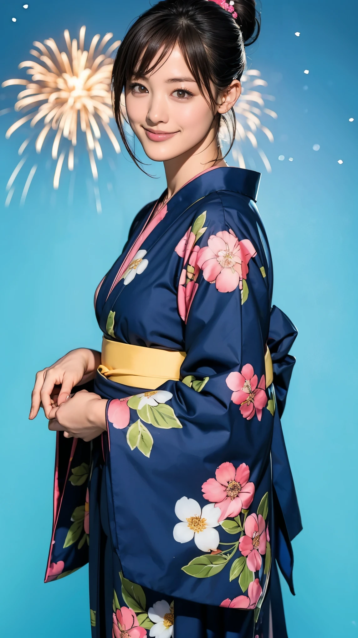 ((masterpiece)),(((Highest quality))),((Character design sheet)),A Japanese yukata with a bright floral and flower pattern in a combination of light blue and navy blue.:1.5,Stylish sandals:1.5,The best smile:1.5,Upper Body Shot:1.5,Night fireworks background:1.5,Flashy makeup with red eyeshadow:1.5,Bun Hair:1.5,