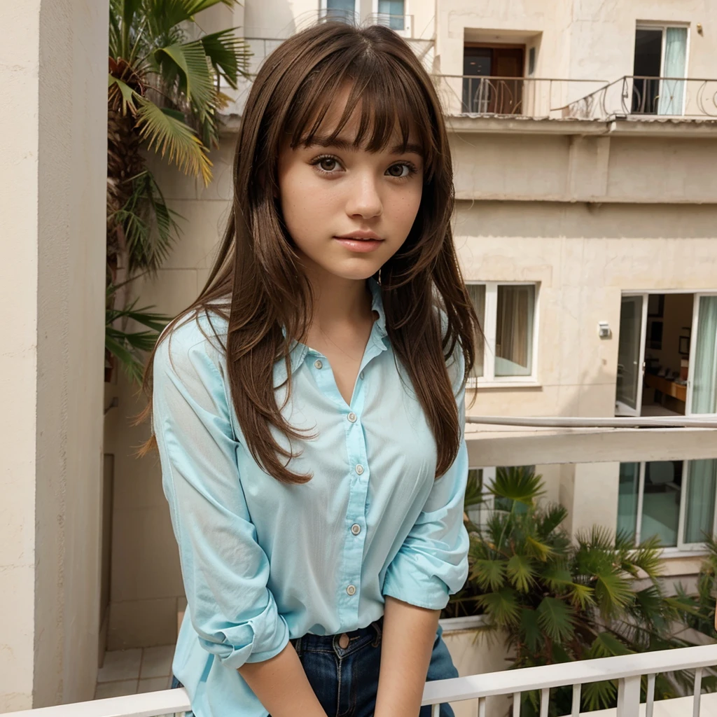 A pretty 15-year-old girl with brown hair with bangs and brown eyes in a bright outfit on a balcony of an apartment 