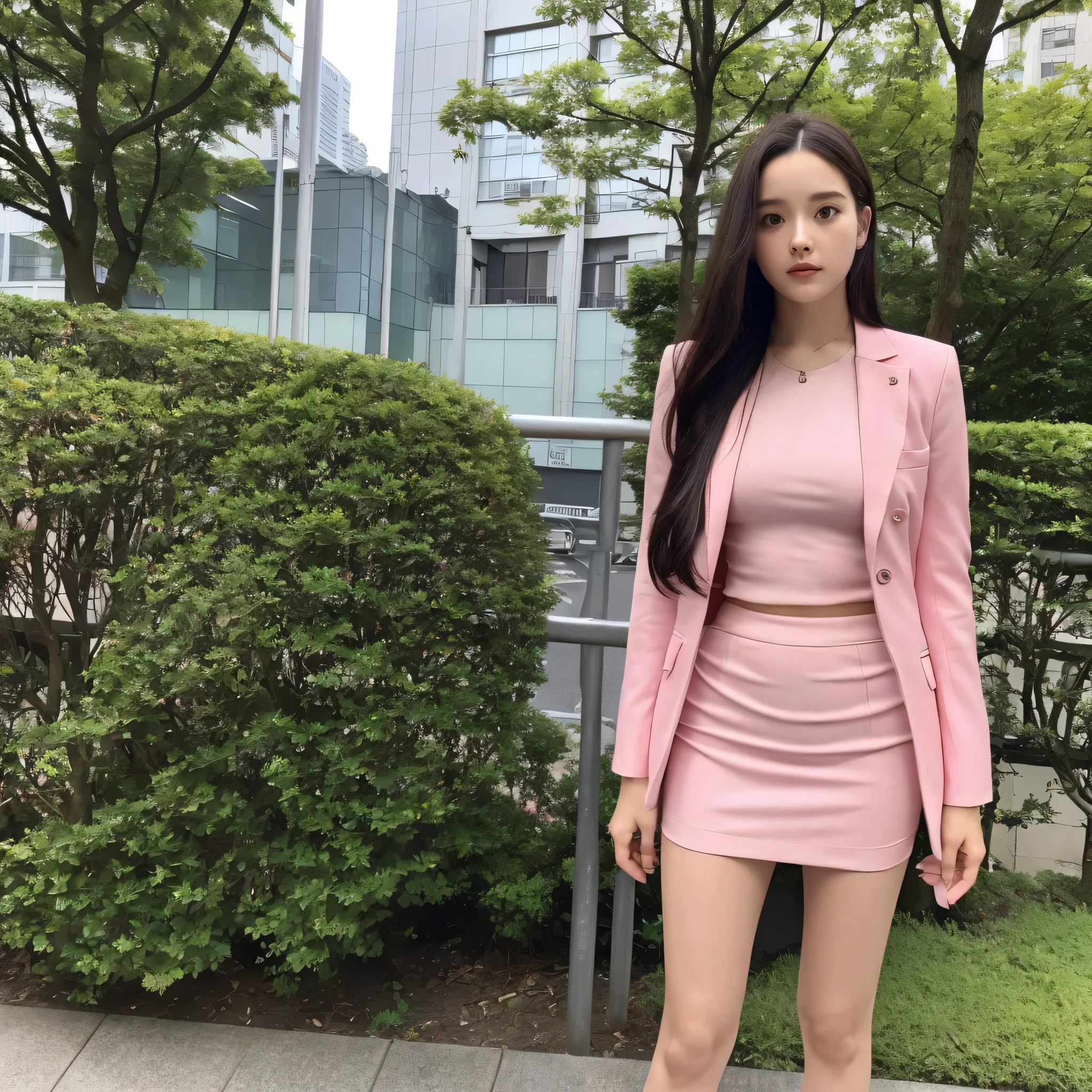 Front view,(1 women),solo,Anne-Marie Alto ,long hair, wear a tight pink suit, tight skirt ,(short skirt),looking at camera,25 years old, (((Anne-Marie Alto))), in the Tokyo city