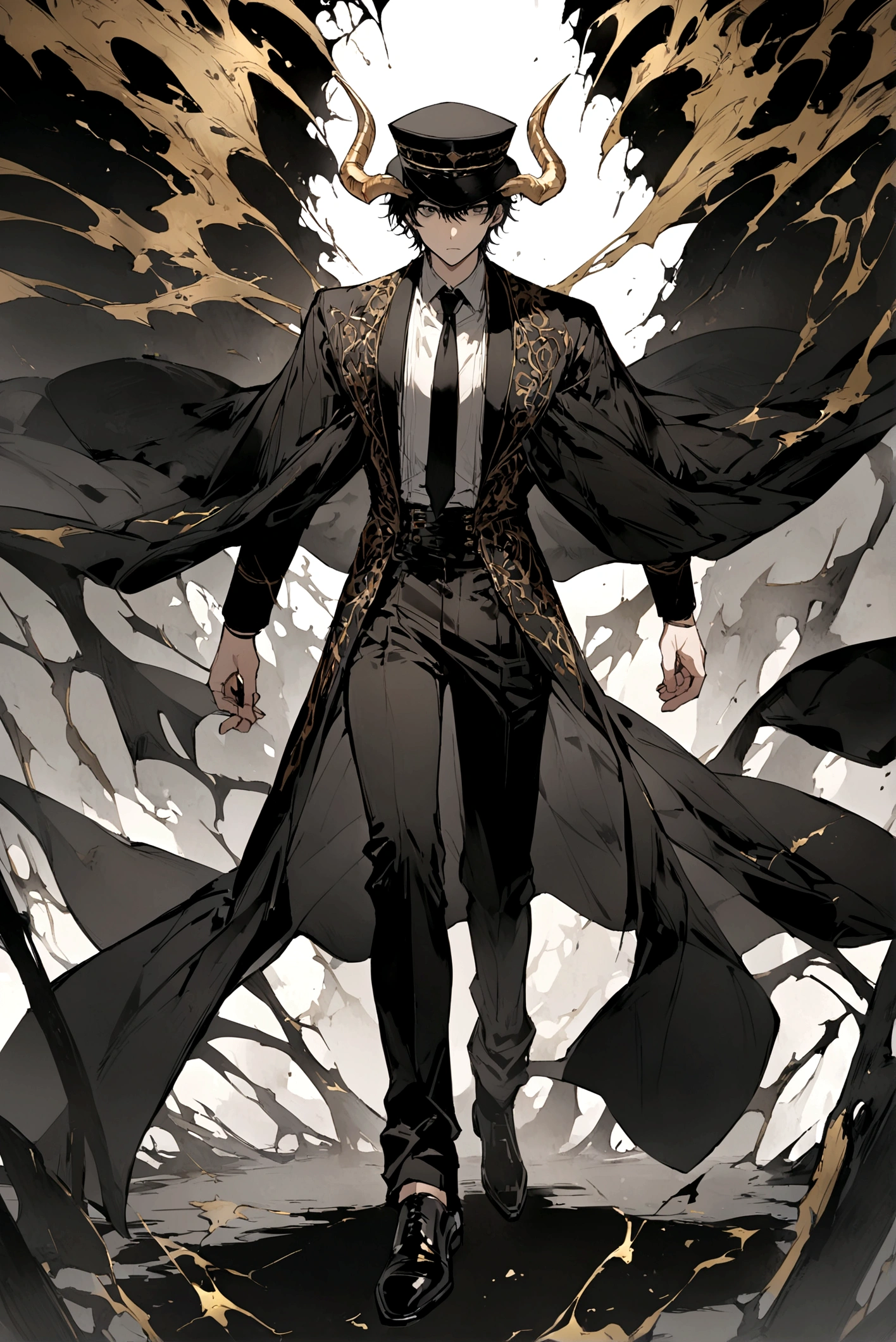 Male character black hair with white and black eyes and golden horns and a black hat and a black short-sleeved shirt and a black tie and long black pants and black shoes