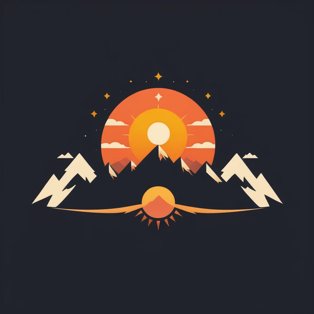 A very stylized sun with mountains around it 