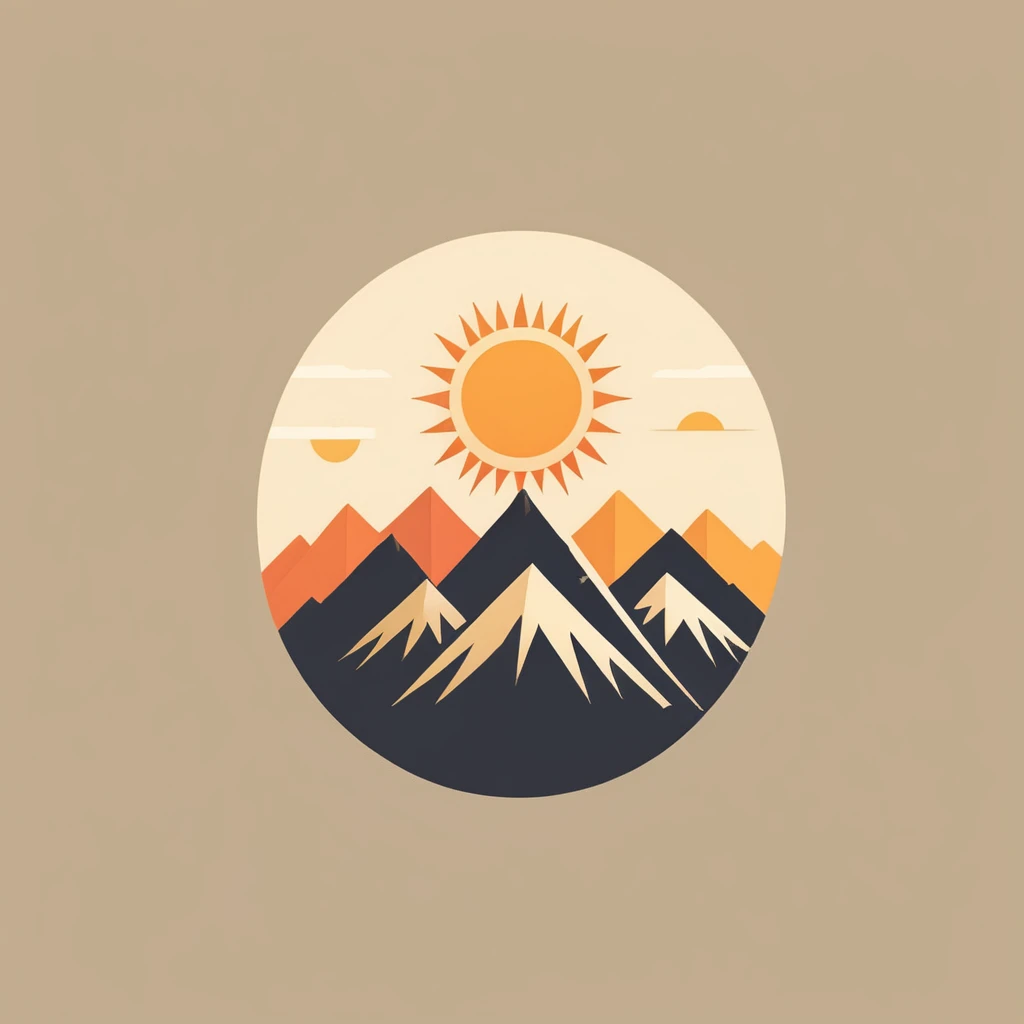A very stylized sun with mountains around it 