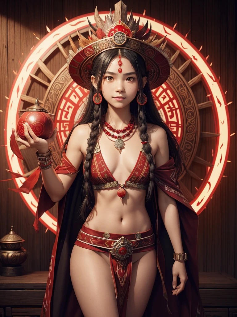 1 age girl. Beautiful teengirl. 14 yearsful tribe girl. White skin. Powerful shaman. Indonesian Hogwarts. Shaman student. shaman tribe hat. Black hair. Red sexy shaman transparent suit no pants. No bra. No underwear. Red shaman cloak. Flat chest. Holding the red orbz. Red ruby large necklace. Red shaman room. Beautiful teen face. Standing . Shaman statue. Red temple. Shamanic logo on the wall. Smile.