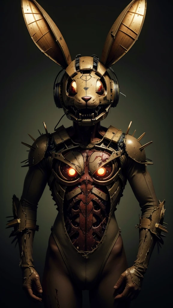 Springtrap, a contagion mechanical rabbit suit all torn apart with little blood and a human body trapped inside it.
