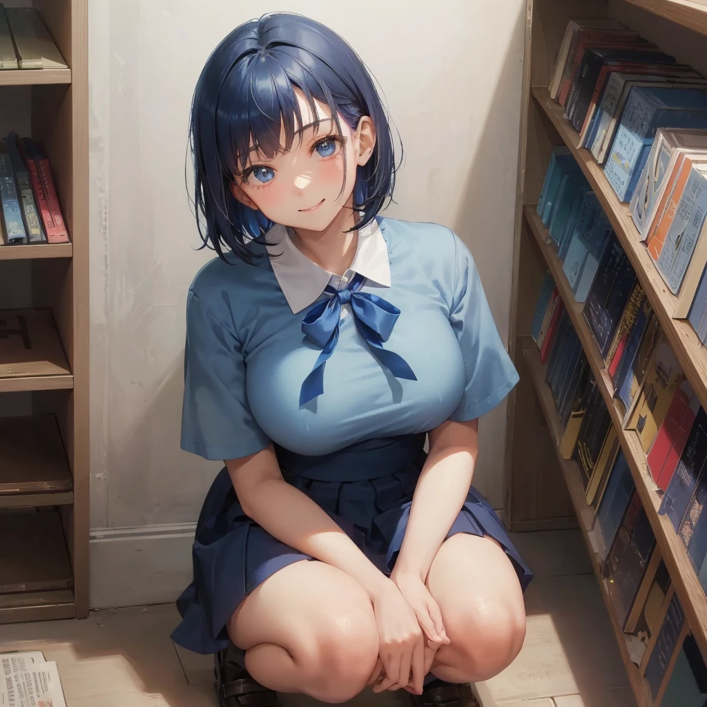 1. High school girl　17-year-old female　Bobcut　dark blue hair color　High School Uniform　Light blue Y-shirt　Short sleeve　Blue Ribbon　dark blue hair color　Slim figure　Large Breasts　Full body portrait　School library　Smiling Kindly　Laugh a little　library　Hand Signs　squat　Kneel　Look up here　