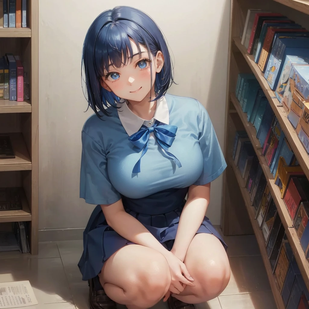 1. High school girl　-yeld fee　Bobcut　dark blue hair color　High School Uniform　Light blue Y-shirt　Short sleeve　Blue Ribbon　dark blue hair color　Slim figure　Large Breasts　Full body portrait　School library　Smiling Kindly　Laugh a little　library　Hand Signs　squat　Kneel　Look up here　