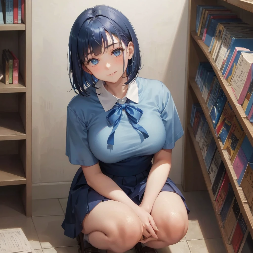 1. High school girl　17-year-old female　Bobcut　dark blue hair color　High School Uniform　Light blue Y-shirt　Short sleeve　Blue Ribbon　dark blue hair color　Slim figure　Large Breasts　Full body portrait　School library　Smiling Kindly　Laugh a little　library　Hand Signs　squat　Kneel　Look up here　
