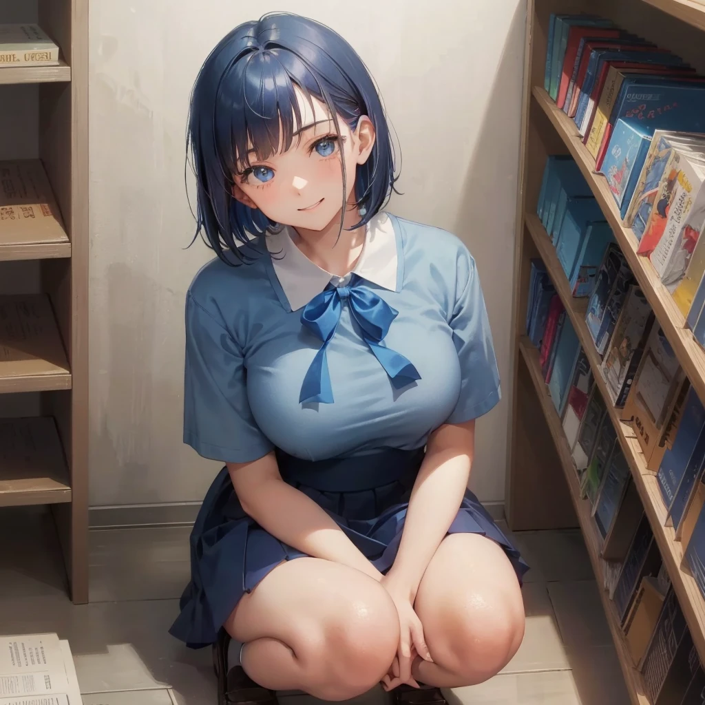 1. High school girl 17-year-old female Bobcut dark blue hair color High School Uniform Light blue Y-shirt Short sleeve Blue Ribbon dark blue hair color Slim figure Large Breasts Full body portrait School library Smiling Kindly Laugh a little library Hand Signs squat Kneel Look up here