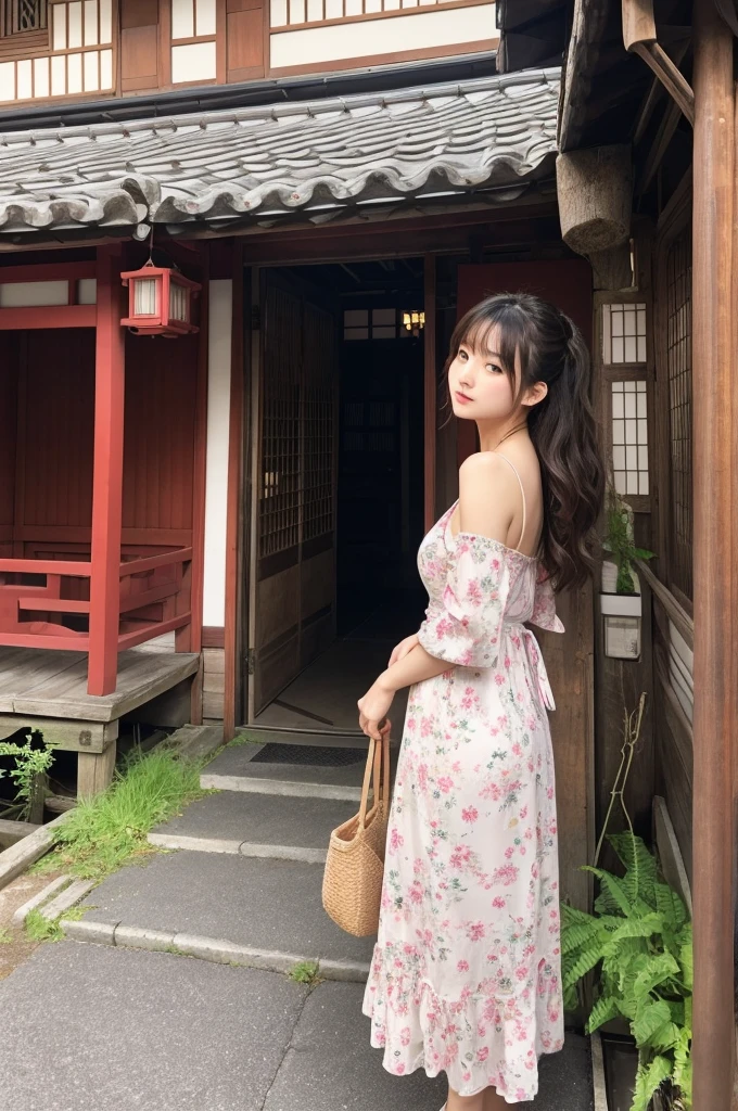 The image shows、A beautiful Japanese girl is shown。she伝統的な雰囲気を持つ建物を背景にして立っています。The building is made of wood、The green vegetation is lush、Red lanterns are hung in a row。The windows and balconies of the building have yellow frames.、The overall color tone is warm and attractive.。Behind her are people who appear to be tourists.々Also seen、You can see that this place is a popular tourist destination.。she、She is wearing a light white dress with blue and pink floral print.。This dress is、Thin straps go over the shoulder、Deep open chest design、It accentuates her beautiful feminine curves.。The floral pattern on the dress、It blends in with the traditional Japanese architecture in the background.、It makes the beautiful girl's presence stand out even more.。Her face is very pretty、Her big eyes are as lively as those of an anime character.。Her hairstyle is simple and long.、My bangs are hanging over my forehead。She has big earrings on her ears、accessoriesが彼女の顔をさらに引き立てています。The earrings are set with blue stones.、It matches beautifully with the floral pattern of the dress.。Her expression is soft、Gives a calm and friendly impression。It looks like he's smiling a little、Gives the viewer a relaxing feeling。Her posture is relaxed、I have one hand on the wooden railing。This pose is natural、It blends in with the traditional atmosphere of the background.。The building in the background、It is decorated with colorful lanterns and green plants.、Highlights traditional Japanese beauty。The details of the building、You can see the traditional Japanese architecture.、You can feel the history and culture。Tourists in the background、It seems that they are enjoying the charm of the building.、The lively atmosphere is conveyed。From this whole image、A fusion of traditional Japanese beauty and modern beauty、It's a very fascinating scene。The beauty of a beautiful girl、The background scenery becomes one、Make a strong impression on the viewer。Her fashion、accessories、And the background is perfectly harmonized.、It's like a beautiful painting.。