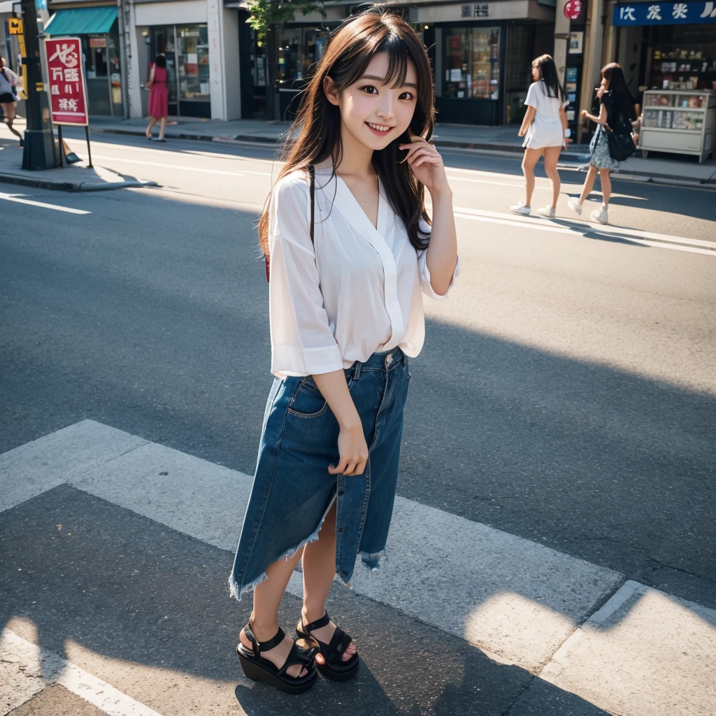 a full body Photo of a Japanese Girl on the Street in Summer. She is 29 years old as known as a member of Japanese Idol Nogizaka46 is smiling faintly. (Documentary photo Style, Digital Photo Medium, Natural Lighting, High Angle)