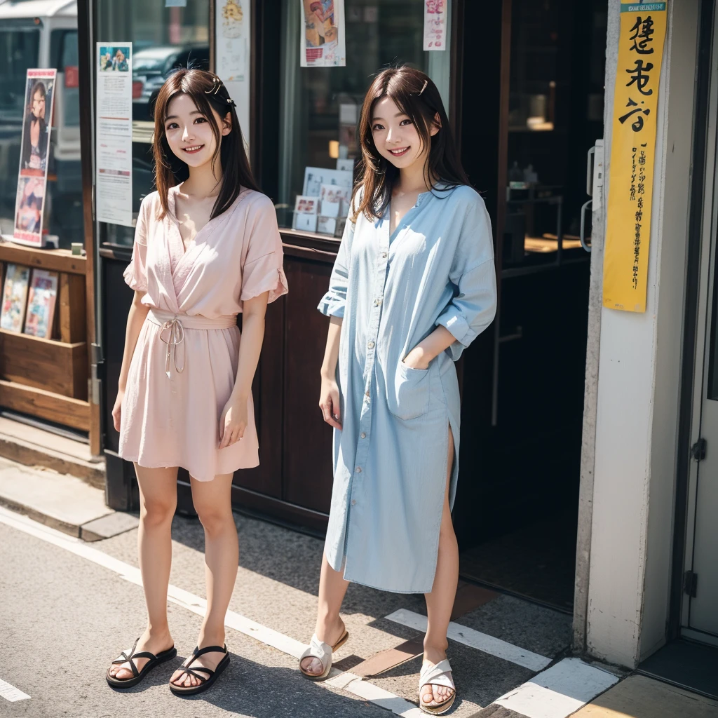 a full body Photo of a Japanese Girl on the Street in Summer. She is 29 years old as known as a member of Japanese Idol Nogizaka46 is smiling faintly. (Documentary photo Style, Digital Photo Medium, Natural Lighting, High Angle)