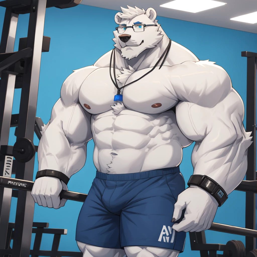 solo, 1boy, Huge Muscular White Polar Bear Dad wearing glasses, huge white fur, pectoral, huge pectoral, wide pectoral, short white hair, blue-colored short pants, blue wristbands and shirtless and topless, white bearded, white Mustache, white fur, simple background, masterpiece, high detailed, 8k, high resolution, at the gym, flexes huge muscles