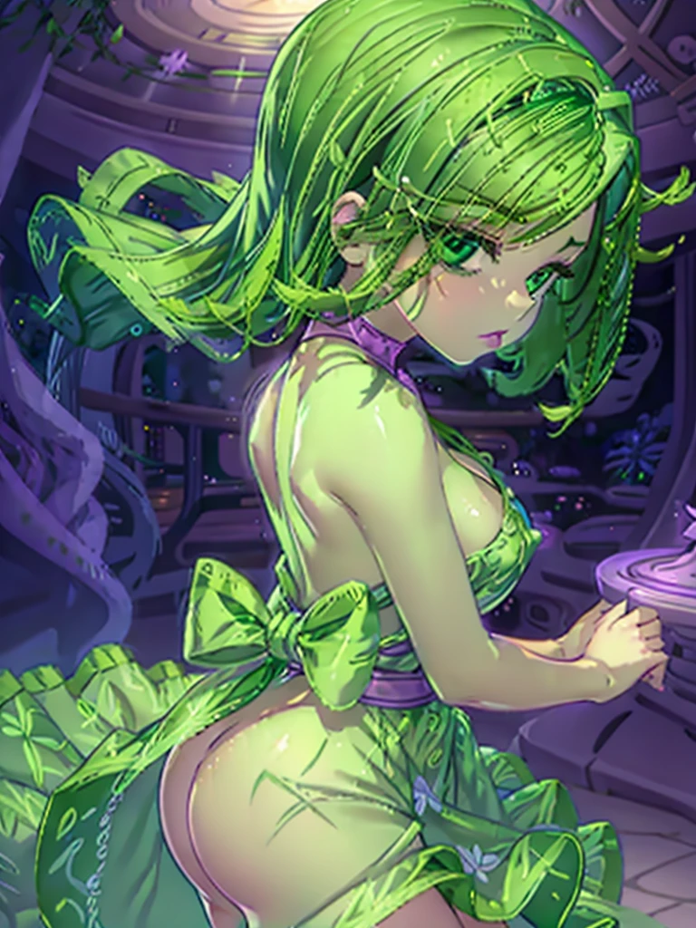 1girl, solo, beautiful girl, green skin, green eyes, big eyes, long eyelashes, green hair, short hair, shiny hair, asymmetrical bangs, asymmetrical hair, medium breasts, green dress, strapless dress, floral print dress, short dress, green belt, purple scarf, looking at viewer, bare arms, bare shoulders, disgust face, narrow waist, big butt, violet lips, lip gloss, makeup, perfect hands, perfect anatomy, dress pull, breasts slip, nipple slip, puffy nipples, cleavage, topless, partially undressed, partially naked, breasts focus, purple background, round windows, inside, from side,