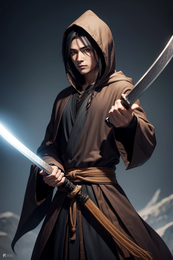 Game character a wizard-hooded sage with black hair and brown eyes holding a katana