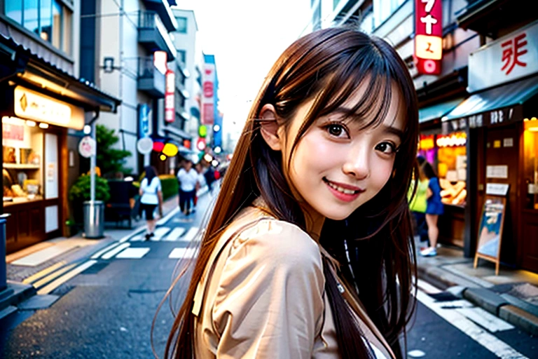 A woman in her twenties with long brown hair pointing at something, Photo of slim girl model, likeい日本人女性, Characteristics of Japan people, like々New charm, Attractive girl, Smiling