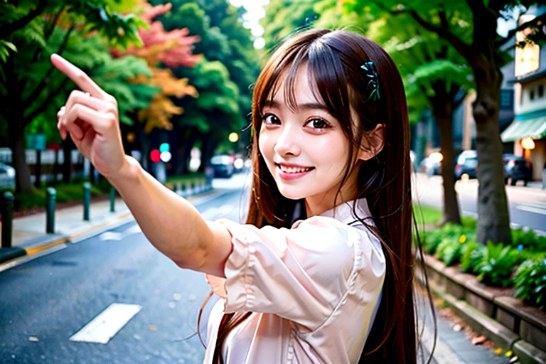 A woman in her twenties with long brown hair pointing at something, Photo of slim girl model, likeい日本人女性, Characteristics of Japan people, like々New charm, Attractive girl, Smiling