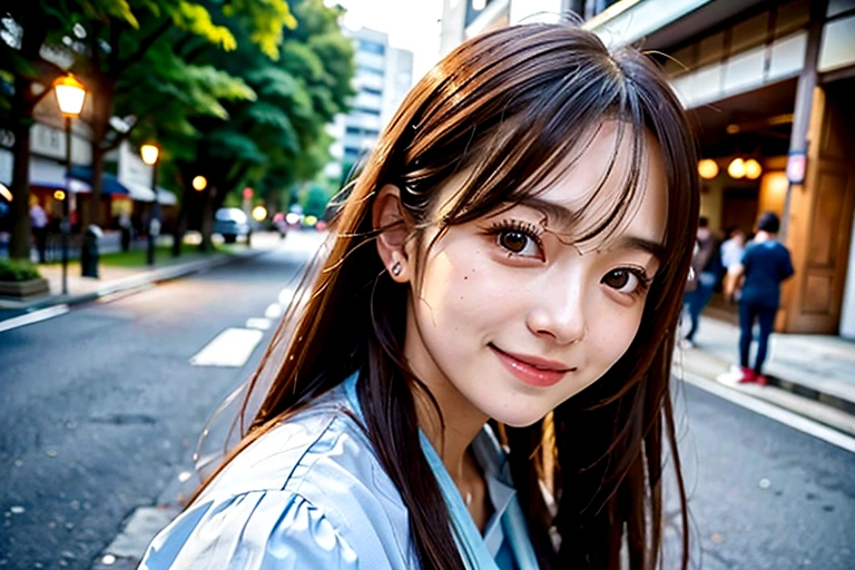 A woman in her twenties with long brown hair pointing at something, Photo of slim girl model, likeい日本人女性, Characteristics of Japan people, like々New charm, Attractive girl, Smiling