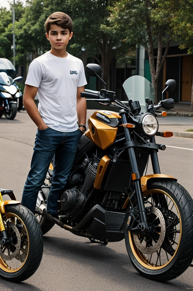 A boy with short hair and a short beard, medium tan, next to a motorcycle pulsar,