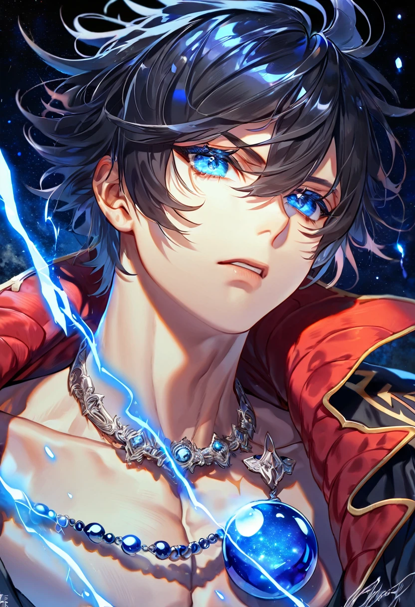 absurdres, highres, ultra detailed, HDR, master piece, best quality, Luka, black hair, messy hair windswept, expressive blue eyes, Demon Sorrow, solo, sexy man, handsome, toned chest, black cape with fur, blue necklace, blue lightning, fantasy, blue small orbs, starry sky