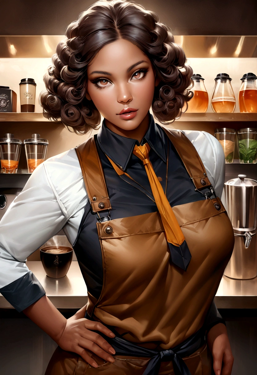 (head of'artwork, best quality), (((dark skin))), curly hair, barista, realistic, parted lips, neckleace, (((detailed skin))), détourner le regard, depth of field, hand on hip,