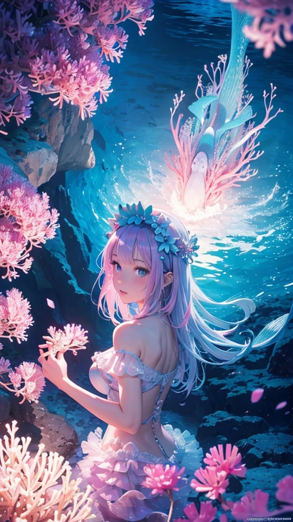 The castle where mermaids live　Ocean　summer　Oceanの鮮やかな生き物　Ocean牛　Sea anemone　coral　Best Quality, Masterpiece, Ultra High Resolution, (Realisticity: 1.4), Original Photo, 1girl, Pink Off-the-Shoulder, Cinematic Lighting