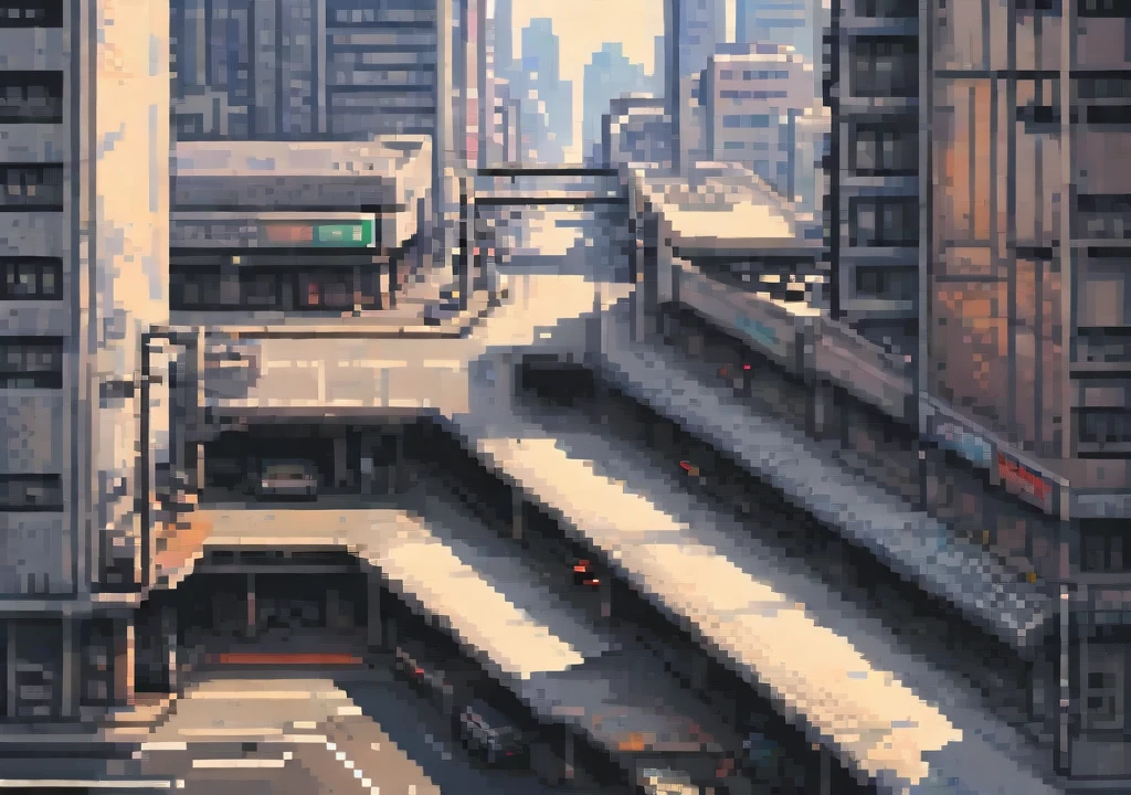 pixel art of an empty overpass in shinjuku city, in high quality