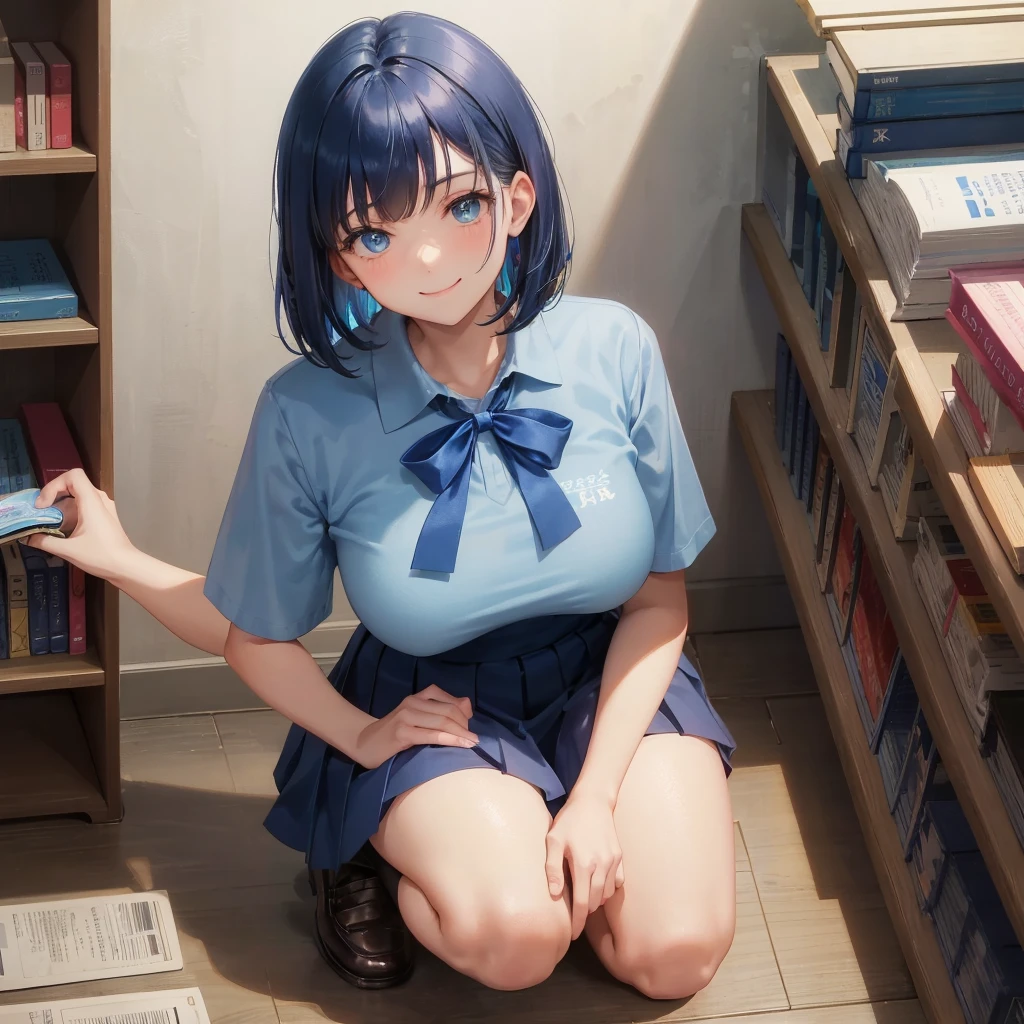 1. High school girl　17-year-old female　Bobcut　dark blue hair color　High School Uniform　Light blue Y-shirt　Short sleeve　Blue Ribbon　dark blue hair color　Slim figure　Large Breasts　Full body portrait　学校のlibrary　Smiling Kindly　Laugh a little　library　Hand Signs　Squat　Kneel　Look up here　