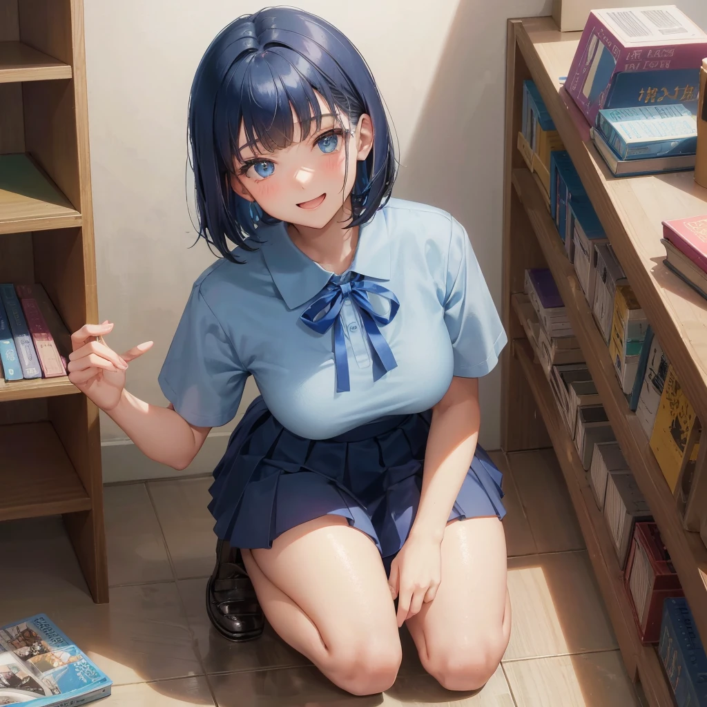 1. High school girl　17-year-old female　Bobcut　dark blue hair color　High School Uniform　Light blue Y-shirt　Short sleeve　Blue Ribbon　dark blue hair color　Slim figure　Large Breasts　Full body portrait　学校のlibrary　Smiling Kindly　Laugh a little　library　Hand Signs　Squat　Kneel　Look up here　