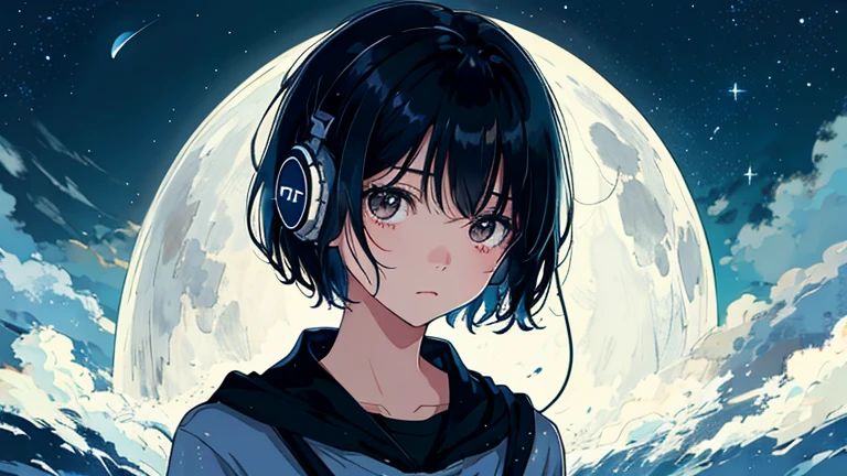Create an illustration of a girl with short black hair, Wearing headphones. The girl looks about 18 years old.. The theme to be emphasized is loneliness, silence, Depth of night, And sentimentality. The girl should have a calm and slightly melancholic look.. The background is dark、Add subtle elements that allude to the night, Faint stars and moons. The overall style should be soft and sentimental., Reflecting a sense of silence and solitude.