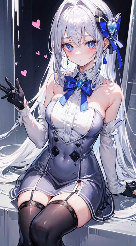 Silver hair bow tie on hair blue eyes with heart shape pupils in  blushing while sitting  gloves arm length mask on face