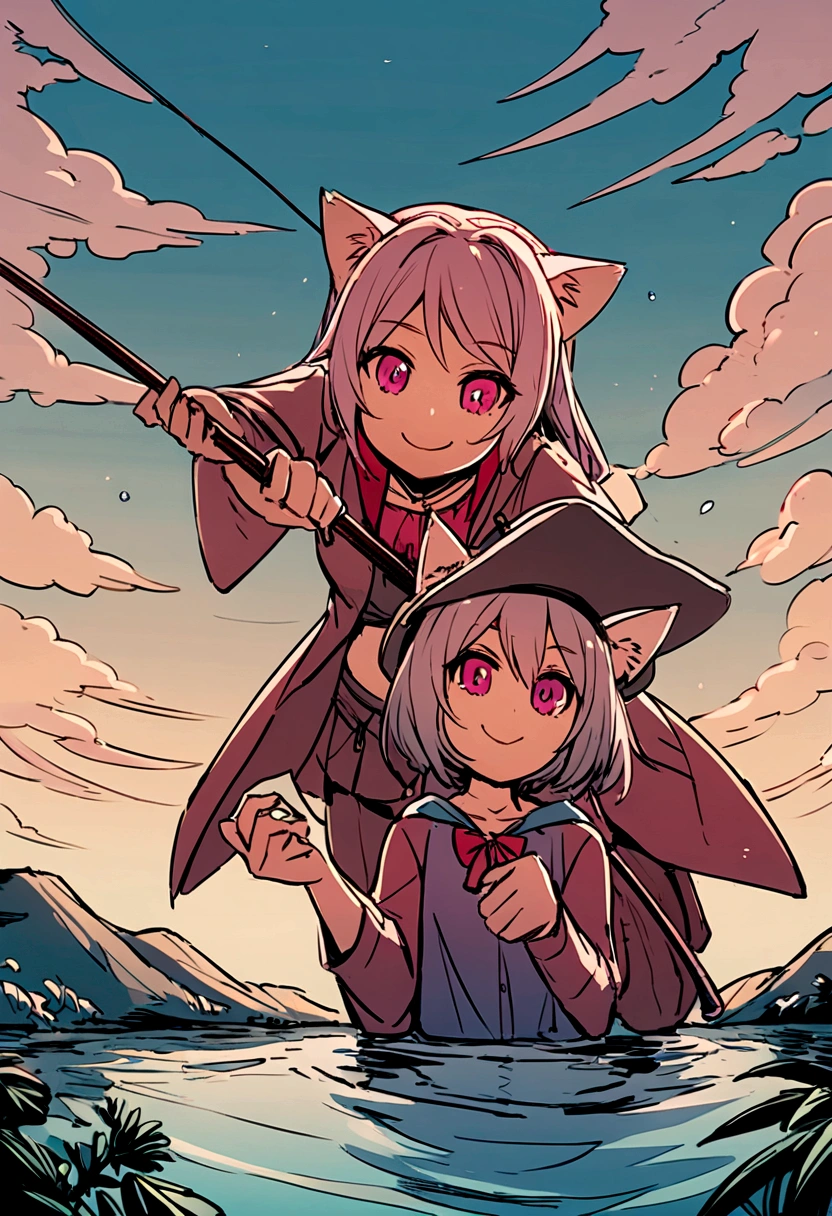 a lake with a ruby rose from the series RWBY smiling happily with a fishing rod, Happily fishing with with cat ears learning to fish