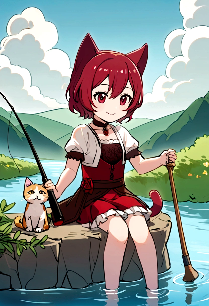 a lake with a ruby rose from the series RWBY smiling happily with a fishing rod, Happily fishing with with cat ears learning to fish