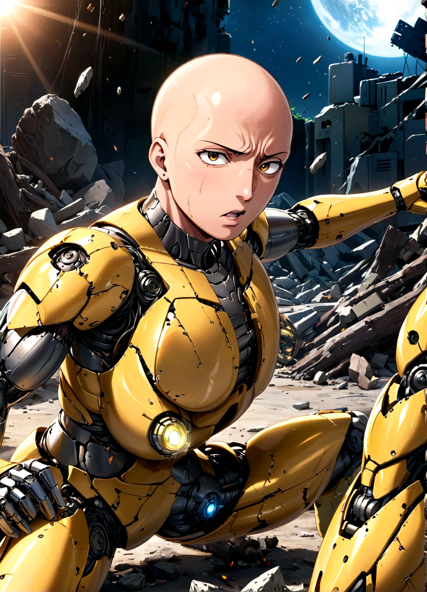 a confused Saitama in a crater surrounded by robot debris, one punch man, transformers, saitama confused expression, saitama in punching stance, destroyed robot, detailed robot debris, photo-realistic, hyper detailed, cinematic lighting, 8k, dynamic pose, intricate details, extreme details, extremely detailed, masterpiece, best quality, high quality, sharp focus, physically-based rendering, vivid colors
