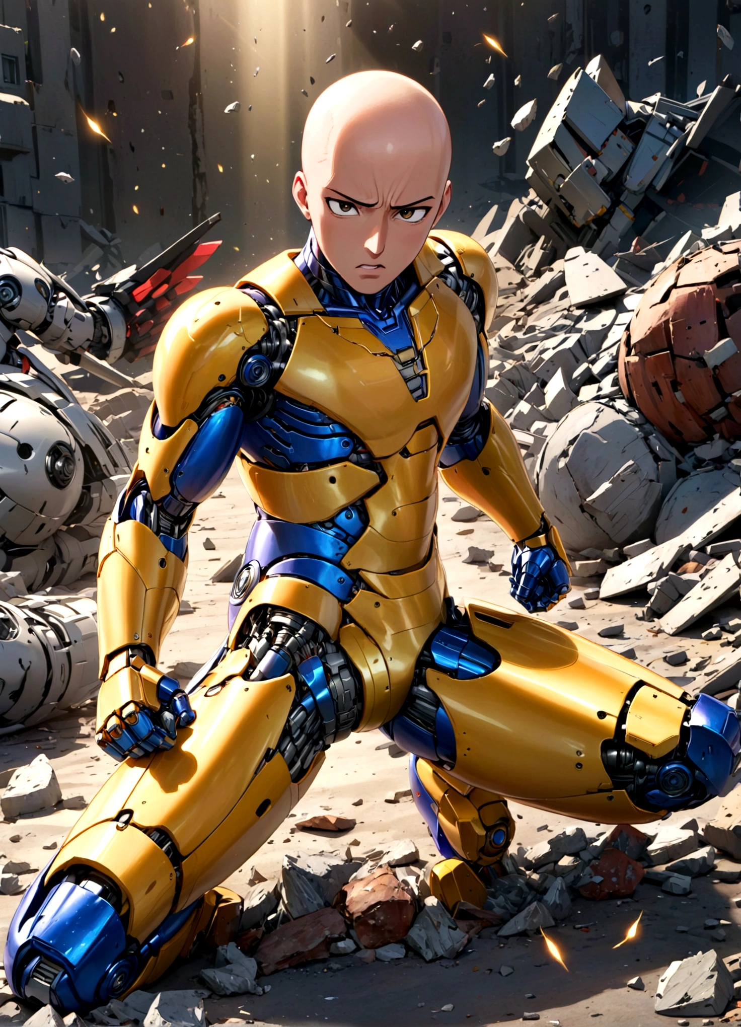 a confused Saitama in a crater surrounded by robot debris, one punch man, transformers, saitama confused expression, saitama in punching stance, destroyed robot, detailed robot debris, photo-realistic, hyper detailed, cinematic lighting, 8k, dynamic pose, intricate details, extreme details, extremely detailed, masterpiece, best quality, high quality, sharp focus, physically-based rendering, vivid colors