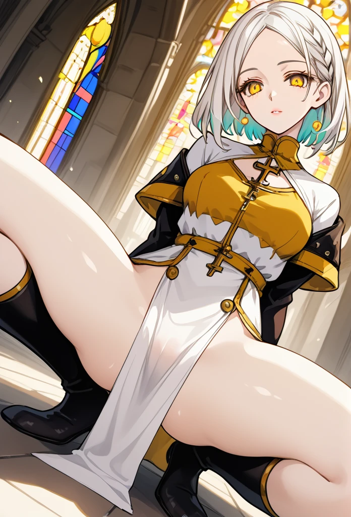 Mature woman, mature face, gentle face, glossy lips, golden eye color, golden eyes, gentle eyes, (braid hairstyle, bob hair, white hair, yellow gradient hair color, glossy hair), slender body, medium breast, thick thighs, saintess clothes, white clothes, white loincloth, (ass through clothing), church, spreading legs, crouching, view from above, back view